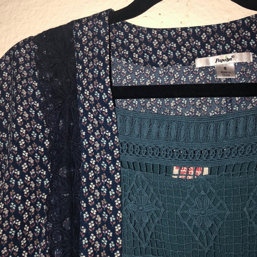 A navy blue floral patterned kimono